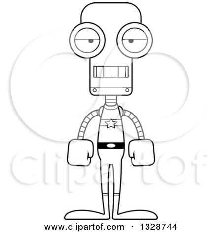 Lineart Clipart of a Cartoon Black and White Skinny Bored Robot - Royalty Free Outline Vector Illustration by Cory Thoman