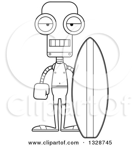 Lineart Clipart of a Cartoon Black and White Skinny Bored Robot Surfer - Royalty Free Outline Vector Illustration by Cory Thoman