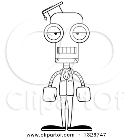 Lineart Clipart of a Cartoon Black and White Skinny Mad Robot Professor - Royalty Free Outline Vector Illustration by Cory Thoman