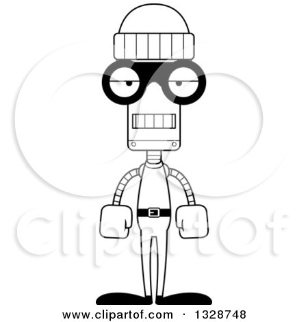 Lineart Clipart of a Cartoon Black and White Skinny Bored Robot Robber - Royalty Free Outline Vector Illustration by Cory Thoman