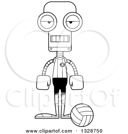 Lineart Clipart of a Cartoon Black and White Skinny Bored Robot Volleyball Player - Royalty Free Outline Vector Illustration by Cory Thoman