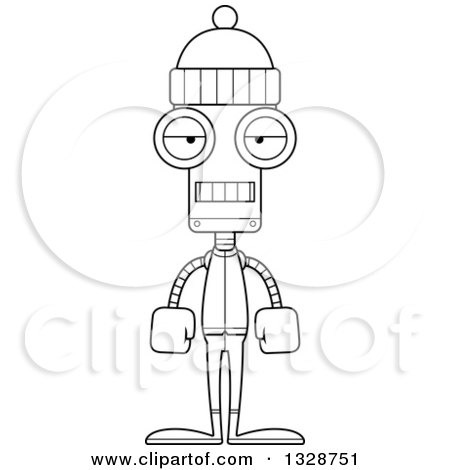 Lineart Clipart of a Cartoon Black and White Skinny Bored Robot in Winter Clothes - Royalty Free Outline Vector Illustration by Cory Thoman