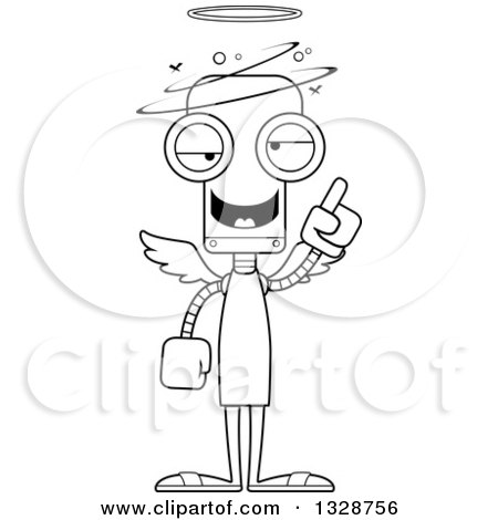 Lineart Clipart of a Cartoon Black and White Skinny Dizzy Robot Angel Holding up a Finger - Royalty Free Outline Vector Illustration by Cory Thoman