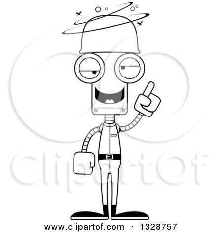 Lineart Clipart of a Cartoon Black and White Skinny Dizzy Robot Soldier with an Idea - Royalty Free Outline Vector Illustration by Cory Thoman