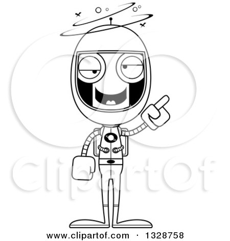 Lineart Clipart of a Cartoon Black and White Skinny Dizzy Robot Astronaut with an Idea - Royalty Free Outline Vector Illustration by Cory Thoman