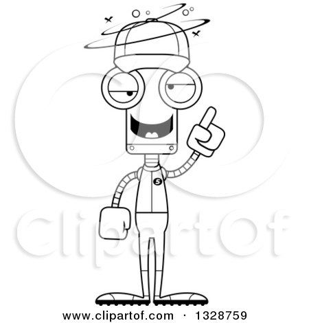 Lineart Clipart of a Cartoon Black and White Skinny Drunk or Dizzy Robot Baseball Player - Royalty Free Outline Vector Illustration by Cory Thoman