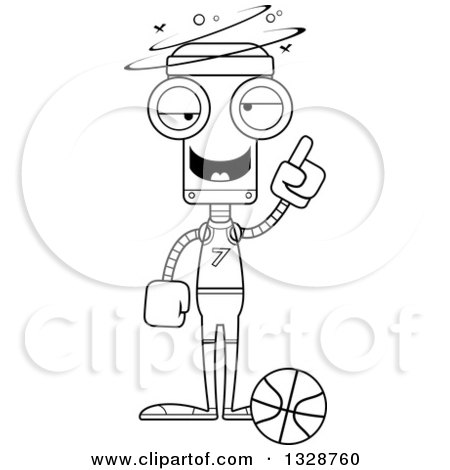 Lineart Clipart of a Cartoon Black and White Skinny Drunk or Dizzy Robot Basketball Player - Royalty Free Outline Vector Illustration by Cory Thoman