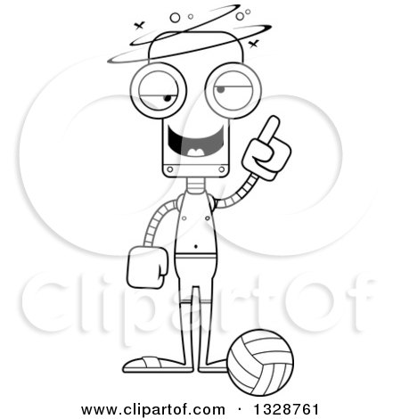 Lineart Clipart of a Cartoon Black and White Skinny Dizzy or Drunk Robot Beach Volleyball Player - Royalty Free Outline Vector Illustration by Cory Thoman