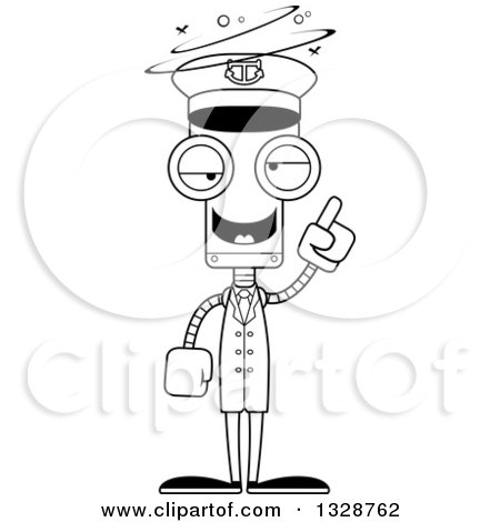 Lineart Clipart of a Cartoon Black and White Skinny Drunk or Dizzy Robot Boat Captain - Royalty Free Outline Vector Illustration by Cory Thoman