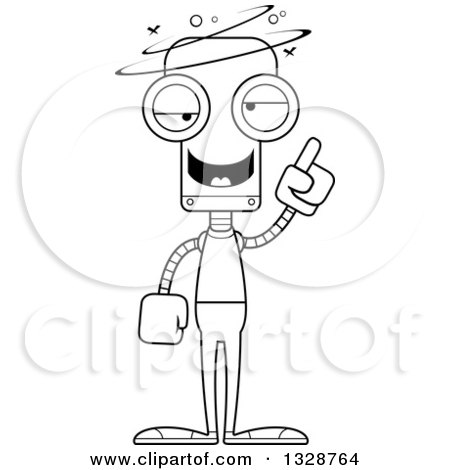 Lineart Clipart of a Cartoon Black and White Skinny Drunk or Dizzy Casual Robot - Royalty Free Outline Vector Illustration by Cory Thoman