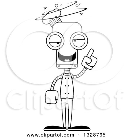 Lineart Clipart of a Cartoon Black and White Skinny Drunk or Dizzy Robot Chef - Royalty Free Outline Vector Illustration by Cory Thoman