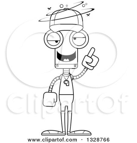 Lineart Clipart of a Cartoon Black and White Skinny Drunk or Dizzy Robot Sports Coach - Royalty Free Outline Vector Illustration by Cory Thoman