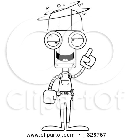 Lineart Clipart of a Cartoon Black and White Skinny Drunk or Dizzy Robot Construction Worker - Royalty Free Outline Vector Illustration by Cory Thoman