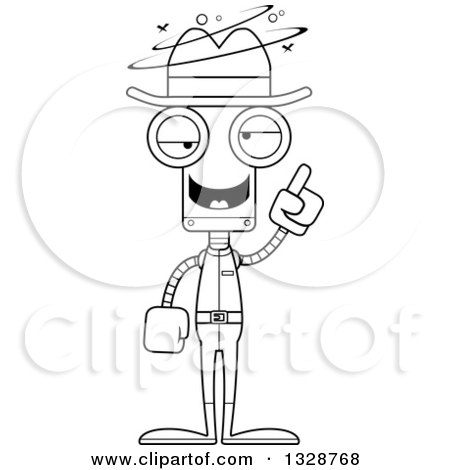 Lineart Clipart of a Cartoon Black and White Skinny Drunk or Dizzy Cowboy Robot - Royalty Free Outline Vector Illustration by Cory Thoman