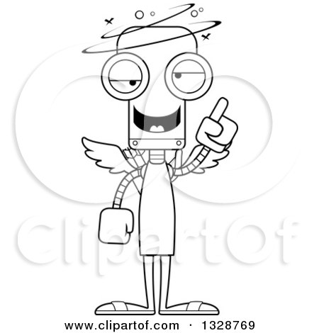 Lineart Clipart of a Cartoon Black and White Skinny Drunk or Dizzy Robot Cupid - Royalty Free Outline Vector Illustration by Cory Thoman