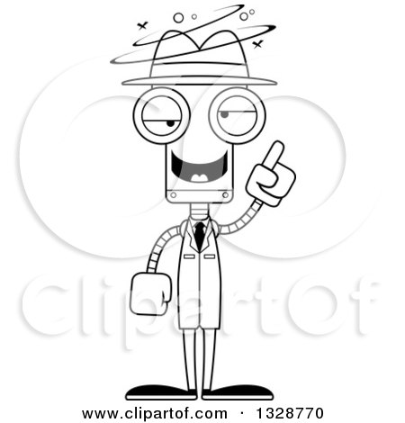 Lineart Clipart of a Cartoon Black and White Skinny Drunk or Dizzy Robot Detective - Royalty Free Outline Vector Illustration by Cory Thoman