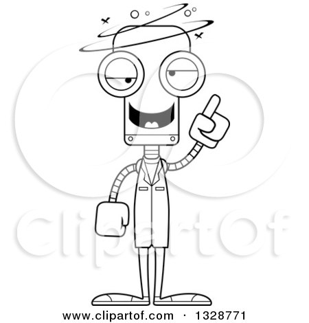 Lineart Clipart of a Cartoon Black and White Skinny Drunk or Dizzy Robot Doctor - Royalty Free Outline Vector Illustration by Cory Thoman