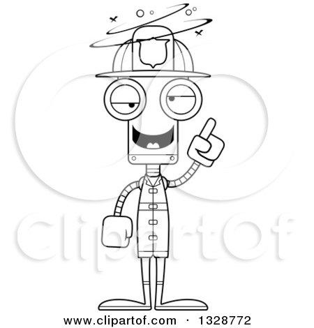 Lineart Clipart of a Cartoon Black and White Skinny Drunk or Dizzy Robot Firefighter - Royalty Free Outline Vector Illustration by Cory Thoman