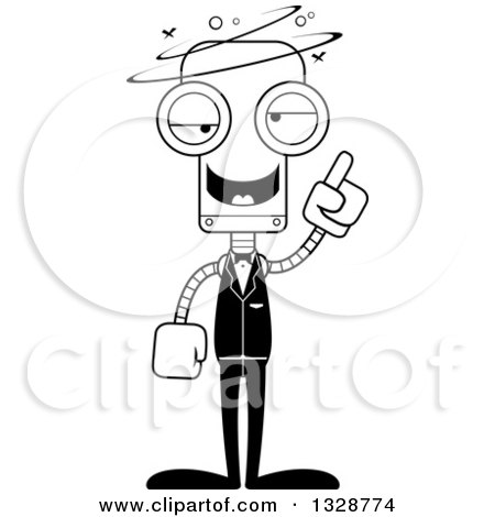 Lineart Clipart of a Cartoon Black and White Skinny Drunk or Dizzy Robot Groom - Royalty Free Outline Vector Illustration by Cory Thoman