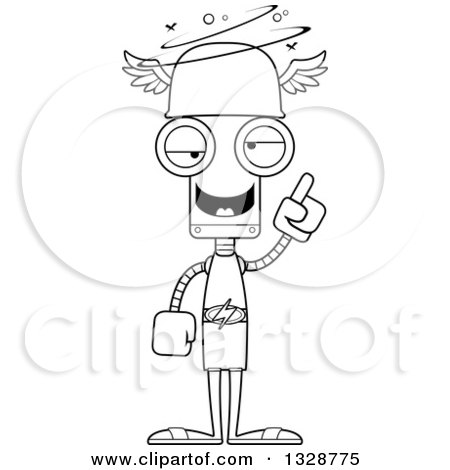 Lineart Clipart of a Cartoon Black and White Skinny Drunk or Dizzy Robot Hermes - Royalty Free Outline Vector Illustration by Cory Thoman