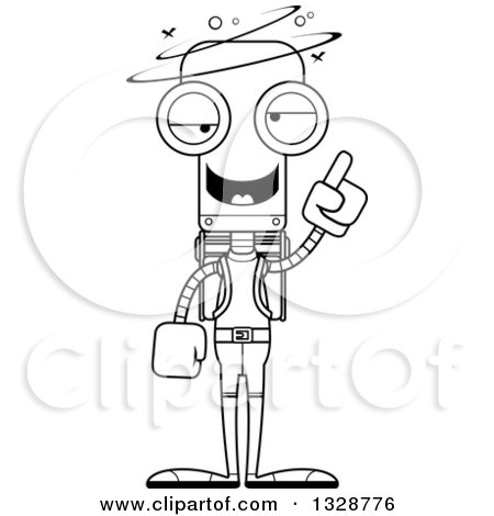 Lineart Clipart of a Cartoon Black and White Skinny Drunk or Dizzy Robot Hiker - Royalty Free Outline Vector Illustration by Cory Thoman