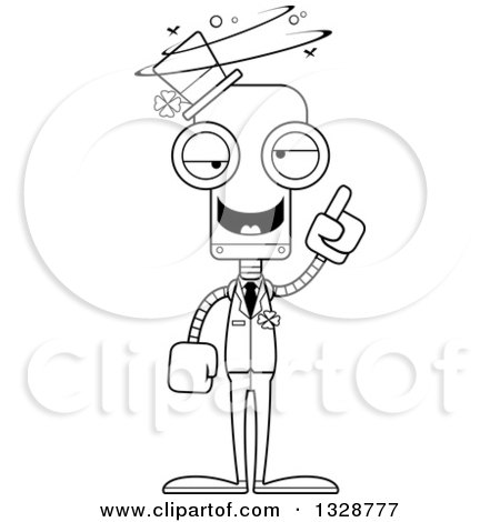 Lineart Clipart of a Cartoon Black and White Skinny Drunk or Dizzy Irish St Patricks Day Robot - Royalty Free Outline Vector Illustration by Cory Thoman