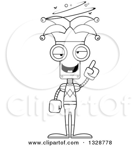 Lineart Clipart of a Cartoon Black and White Skinny Drunk or Dizzy Jester Robot - Royalty Free Outline Vector Illustration by Cory Thoman