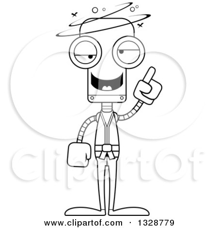 Lineart Clipart of a Cartoon Black and White Skinny Drunk or Dizzy Karate Robot - Royalty Free Outline Vector Illustration by Cory Thoman