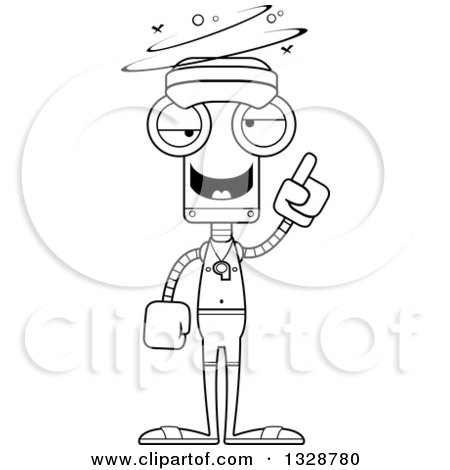 Lineart Clipart of a Cartoon Black and White Skinny Drunk or Dizzy Lifeguard Robot - Royalty Free Outline Vector Illustration by Cory Thoman