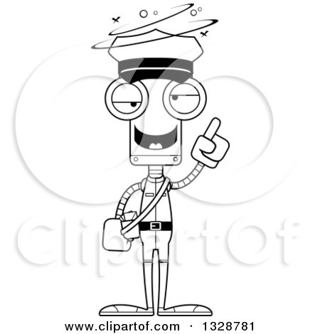 Lineart Clipart of a Cartoon Black and White Skinny Drunk or Dizzy Robot Mailman - Royalty Free Outline Vector Illustration by Cory Thoman