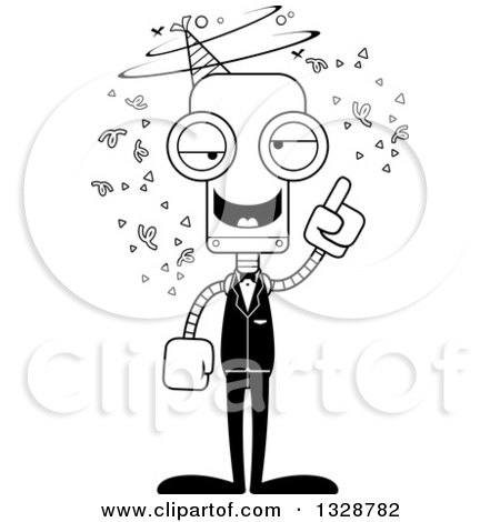 Lineart Clipart of a Cartoon Black and White Skinny Drunk or Dizzy Party Robot - Royalty Free Outline Vector Illustration by Cory Thoman