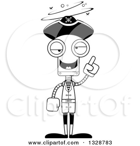 Lineart Clipart of a Cartoon Black and White Skinny Drunk or Dizzy Pirate Robot - Royalty Free Outline Vector Illustration by Cory Thoman