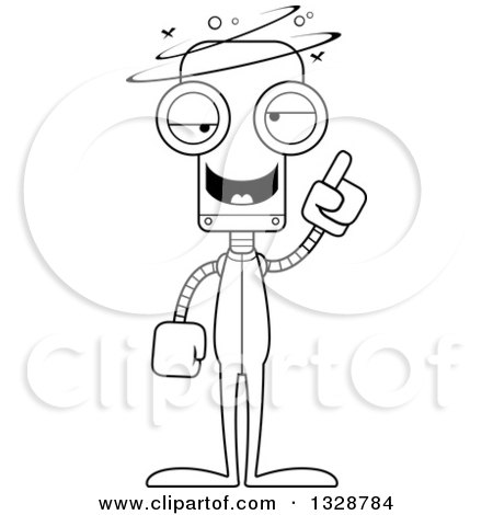 Lineart Clipart of a Cartoon Black and White Skinny Drunk or Dizzy Robot in Pjs - Royalty Free Outline Vector Illustration by Cory Thoman