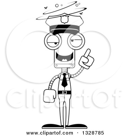 Lineart Clipart of a Cartoon Black and White Skinny Drunk or Dizzy Robot Police Officer - Royalty Free Outline Vector Illustration by Cory Thoman