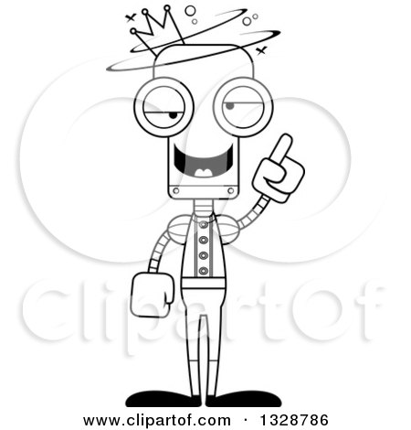 Lineart Clipart of a Cartoon Black and White Skinny Drunk or Dizzy Prince Robot - Royalty Free Outline Vector Illustration by Cory Thoman
