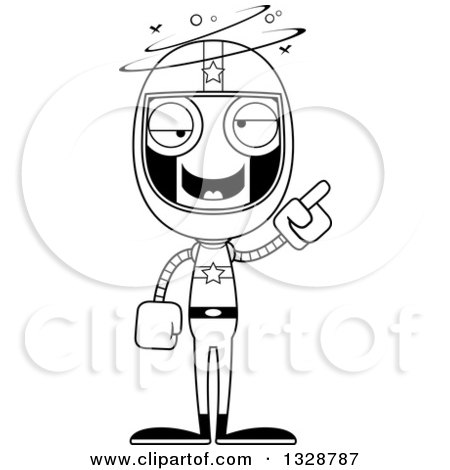 Lineart Clipart of a Cartoon Black and White Skinny Drunk or Dizzy Race Car Driver Robot - Royalty Free Outline Vector Illustration by Cory Thoman