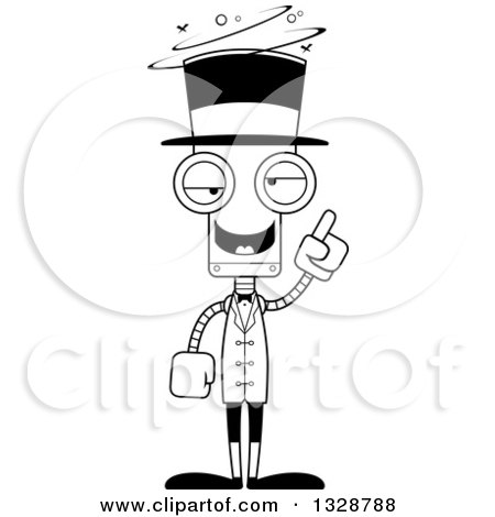 Lineart Clipart of a Cartoon Black and White Skinny Drunk or Dizzy Robot Circus Ringmaster - Royalty Free Outline Vector Illustration by Cory Thoman
