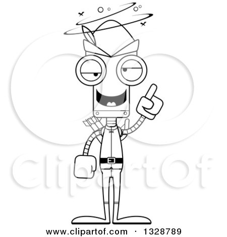 Lineart Clipart of a Cartoon Black and White Skinny Drunk or Dizzy Robin Hood Robot - Royalty Free Outline Vector Illustration by Cory Thoman