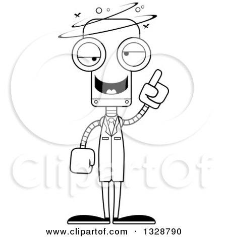 Lineart Clipart of a Cartoon Black and White Skinny Drunk or Dizzy Scientist Robot - Royalty Free Outline Vector Illustration by Cory Thoman