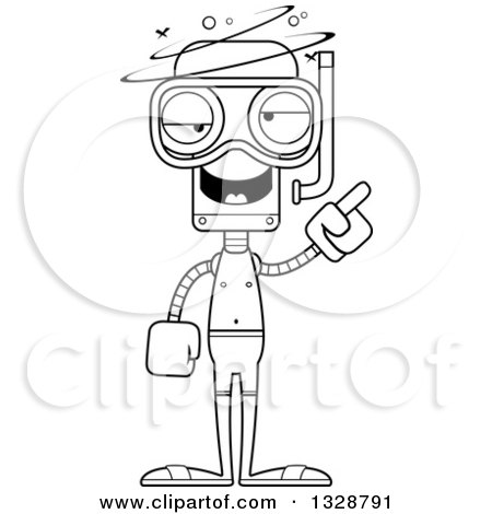 Lineart Clipart of a Cartoon Black and White Skinny Drunk or Dizzy Robot in Snorkel Gear - Royalty Free Outline Vector Illustration by Cory Thoman
