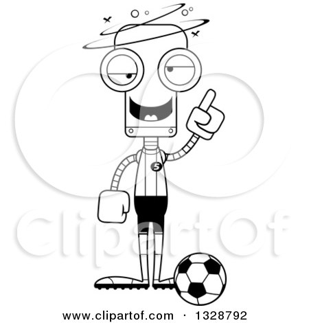 Lineart Clipart of a Cartoon Black and White Skinny Drunk or Dizzy Robot Soccer Player - Royalty Free Outline Vector Illustration by Cory Thoman