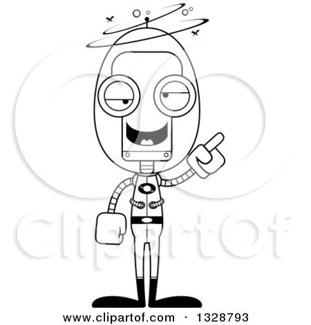 Lineart Clipart of a Cartoon Black and White Skinny Drunk or Dizzy Futuristic Space Robot - Royalty Free Outline Vector Illustration by Cory Thoman
