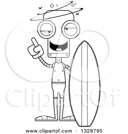 Lineart Clipart of a Cartoon Black and White Skinny Drunk or Dizzy Surfer Robot - Royalty Free Outline Vector Illustration by Cory Thoman