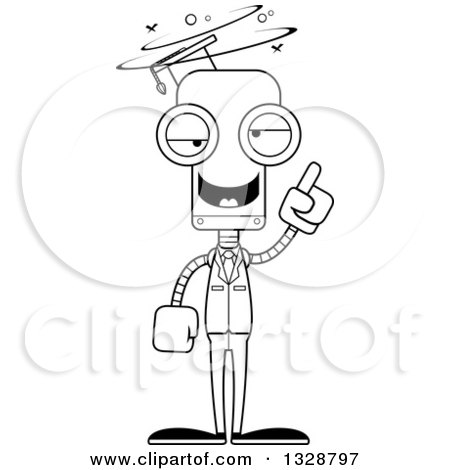 Lineart Clipart of a Cartoon Black and White Skinny Drunk or Dizzy Robot Professor - Royalty Free Outline Vector Illustration by Cory Thoman