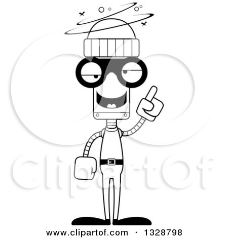 Lineart Clipart of a Cartoon Black and White Skinny Drunk or Dizzy Robber Robot - Royalty Free Outline Vector Illustration by Cory Thoman