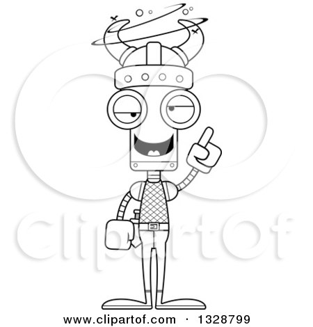 Lineart Clipart of a Cartoon Black and White Skinny Drunk or Dizzy Robot Viking - Royalty Free Outline Vector Illustration by Cory Thoman