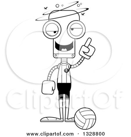 Lineart Clipart of a Cartoon Black and White Skinny Drunk or Dizzy Robot Volleyball Player - Royalty Free Outline Vector Illustration by Cory Thoman