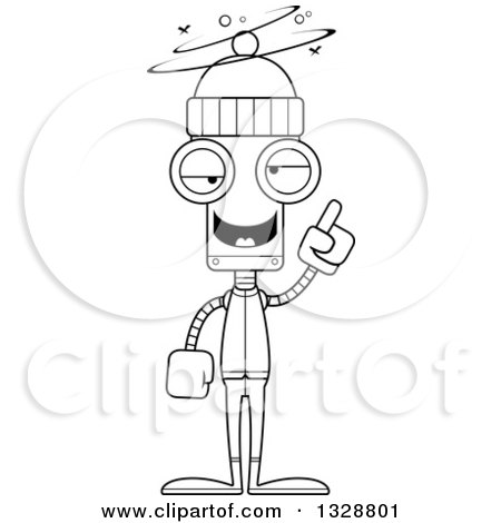 Lineart Clipart of a Cartoon Black and White Skinny Drunk or Dizzy Robot in Winter Clothes - Royalty Free Outline Vector Illustration by Cory Thoman