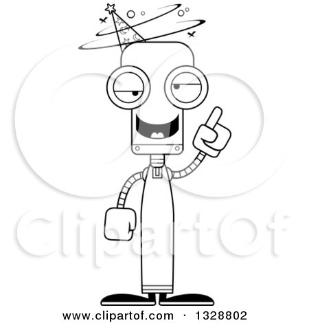 Lineart Clipart of a Cartoon Black and White Skinny Drunk or Dizzy Robot Wizard - Royalty Free Outline Vector Illustration by Cory Thoman