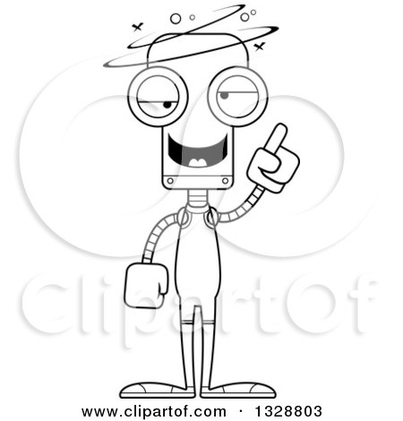 Lineart Clipart of a Cartoon Black and White Skinny Drunk or Dizzy Robot Wrestler - Royalty Free Outline Vector Illustration by Cory Thoman